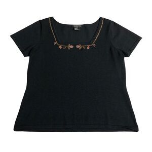 Vintage 90s Y2K MSK Top 12 Black Floral Beaded Silk Blend Coquette Whimsigoth